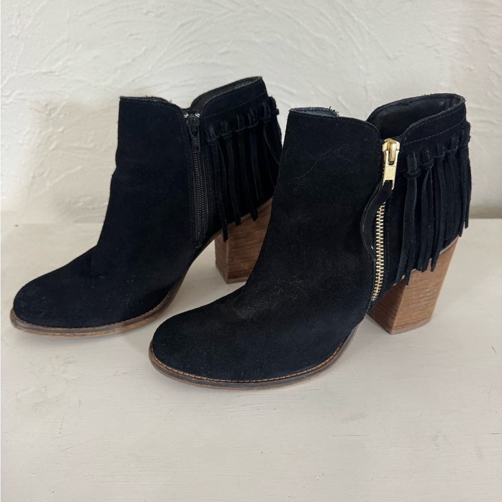 Aldo Black Suede Fringe Ankle Booties with Wood Block Heel and Gold Zipper